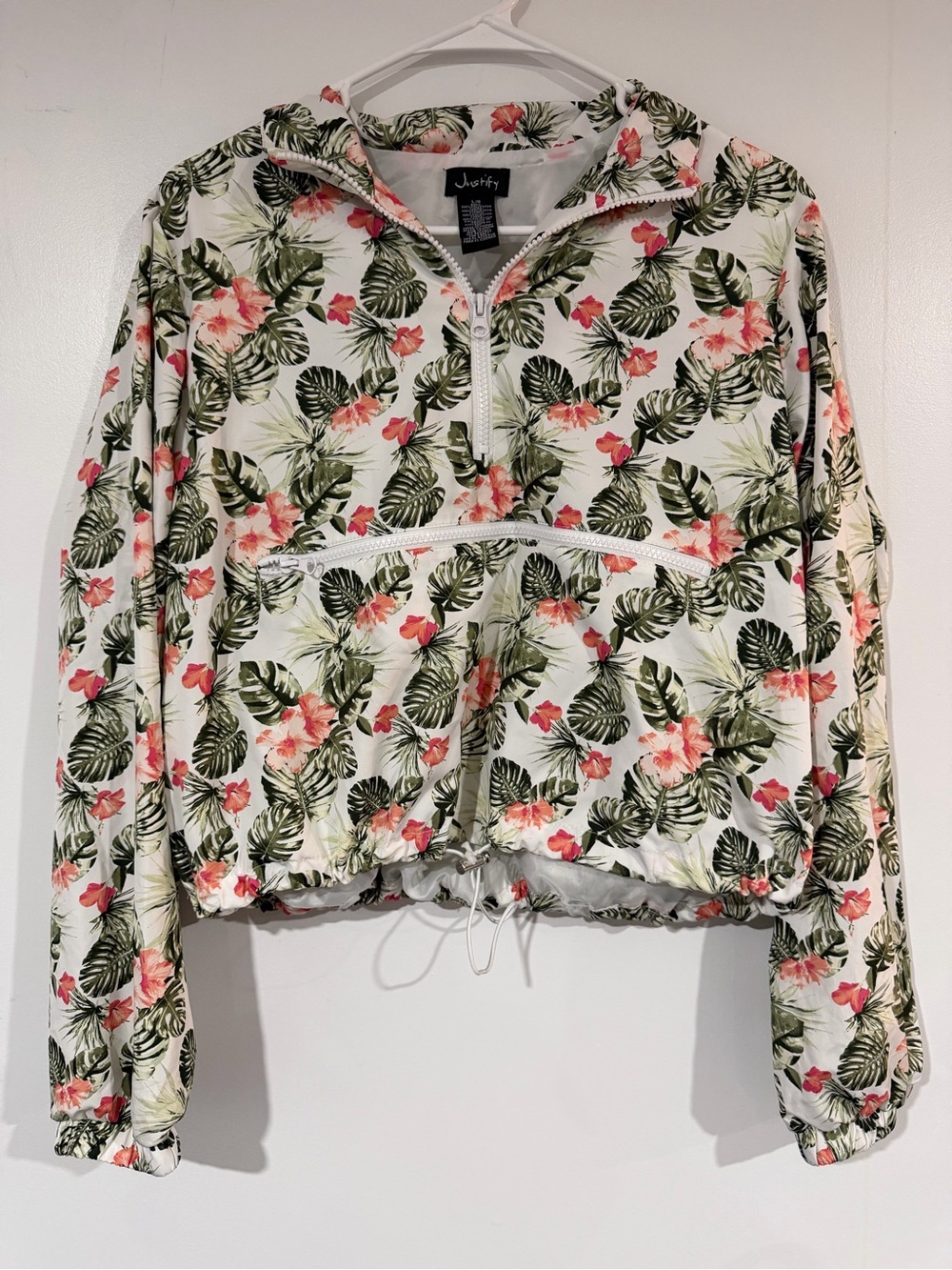 Justify White Pullover Anorak with Green Leaves & Coral Floral Print